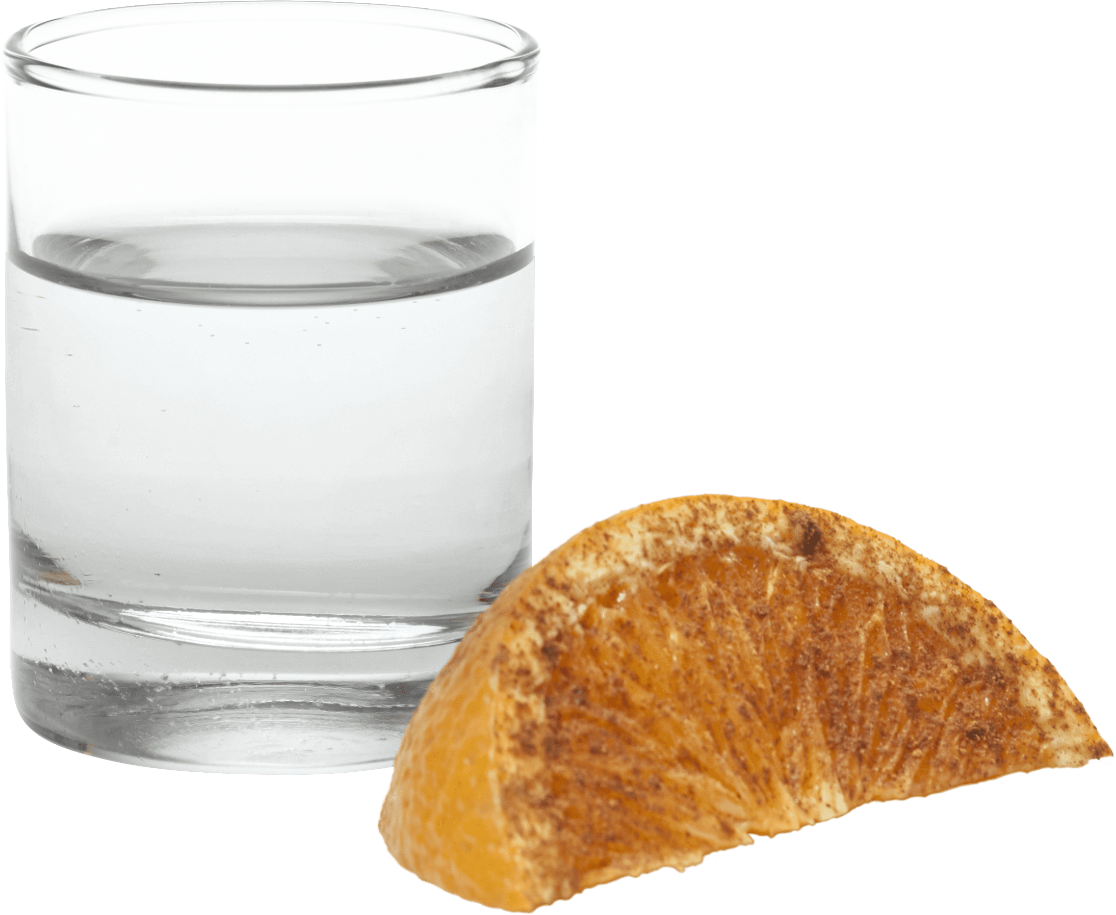 A shake and bite shot with a shotglass of Silver Tequila and a spiced orange